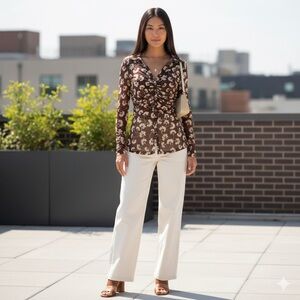 Free People Brown Floral Mesh Button-Front Top - Size Small - Y2K Style